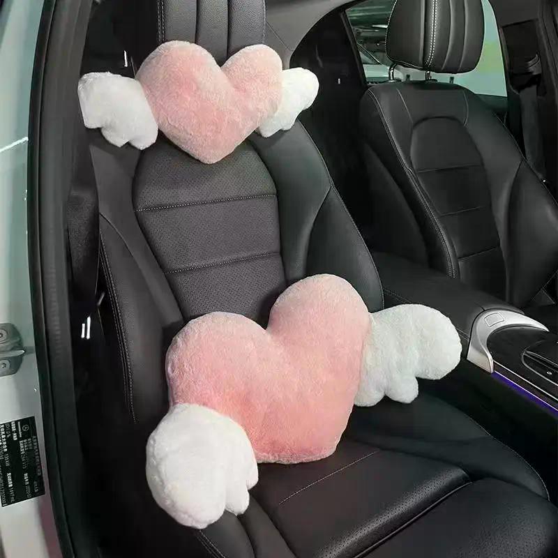 Lovely Pink Heart Angel Wing Car Neck Pillow Lumbar Pillow Soft Plush Comfortable Car Seat Cushion Car Seats Interior Decoration