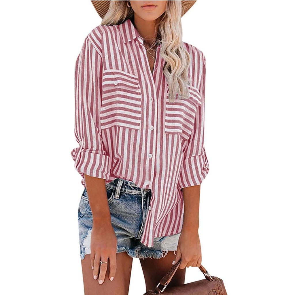 Women's Spring and Summer Striped Single Breasted Long Sleeve Shirt Women Elegant and Youth Woman Stylish Blouse