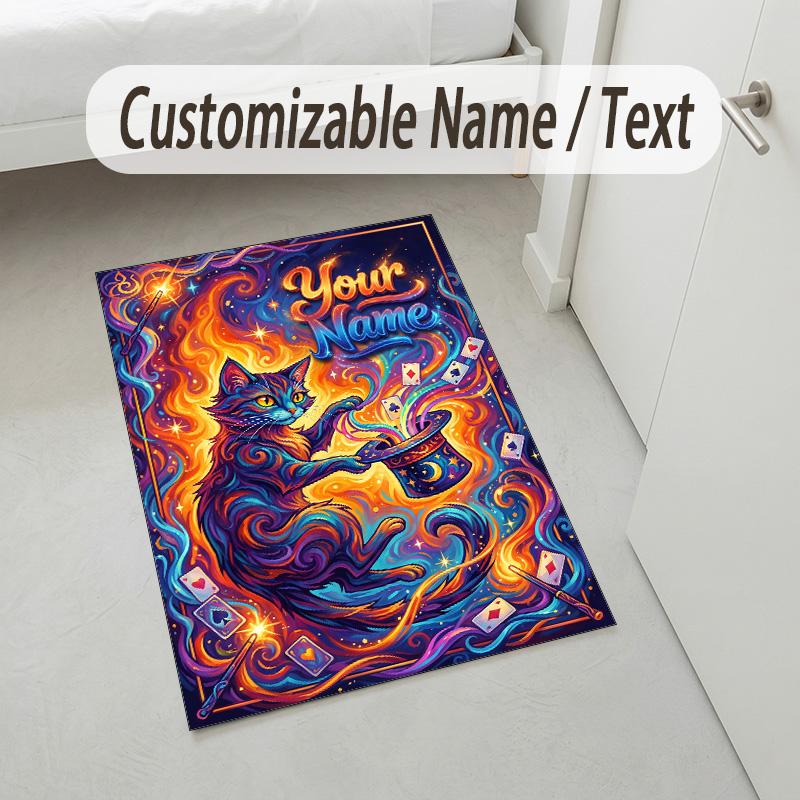 Cat Theme Crystal Velvet Rug Personalized Custom Name Text Soft Floor Mat Home Decor