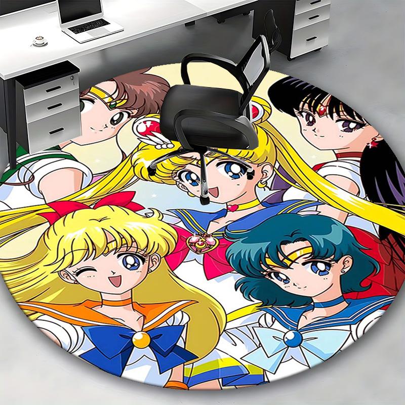 1pc Sailor Moon Anime Cartoon Design Round Carpet  Office Chair Mat, NonSlip Rug for Home Decor, Living Room, Bedroom