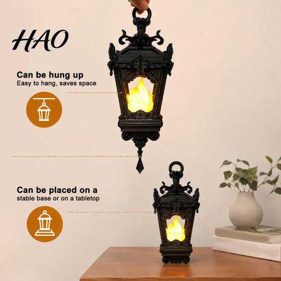 Reusable Halloween Table Centerpieces 3D Printed Gothic Flickering Flame Lantern, Vintage LED Wall Sconce Decor, Flameless Candle Lights Hanging