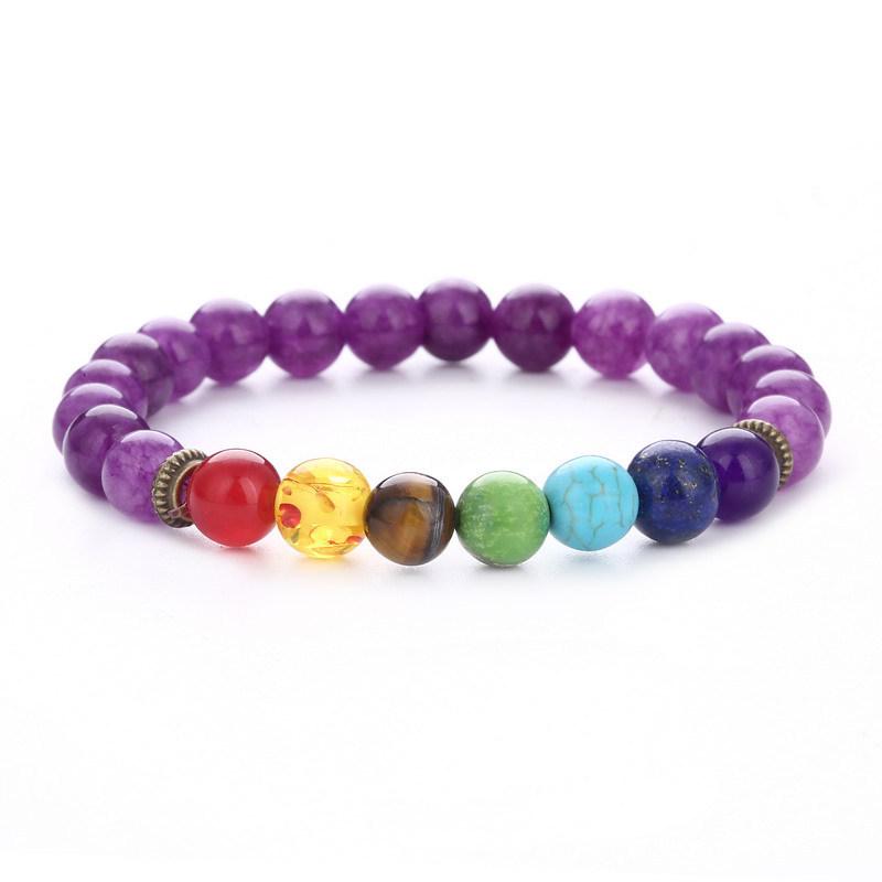 Seven Chakras Yoga Bracelet: Faux Amethyst, Tiger Eye, Lapis Lazuli Beads