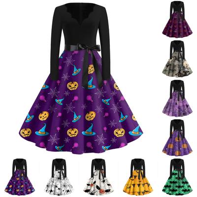 Vestidos de manga larga con estampado de Halloween, ajustados, informales y con escote en V para mujer