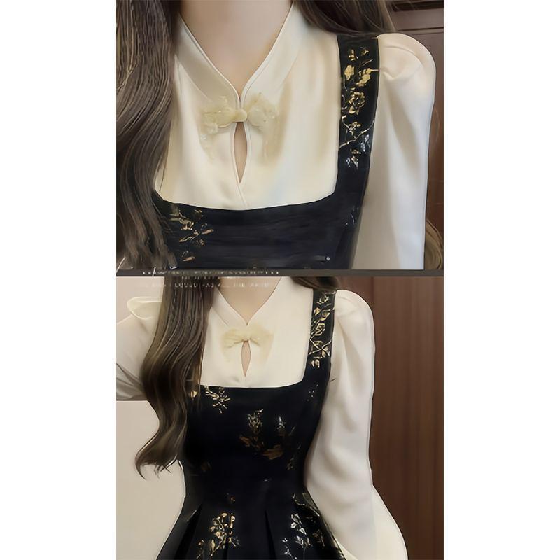 Women's Autumn High-End Black Chinese Style Two-Piece Long Dress Set