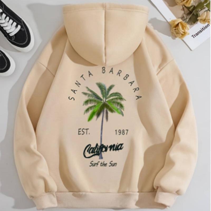 Topuri cu glugă largi cu imprimeu arbore de nucă de cocos pentru femei Bluză hanorac casual cu mânecă lungă