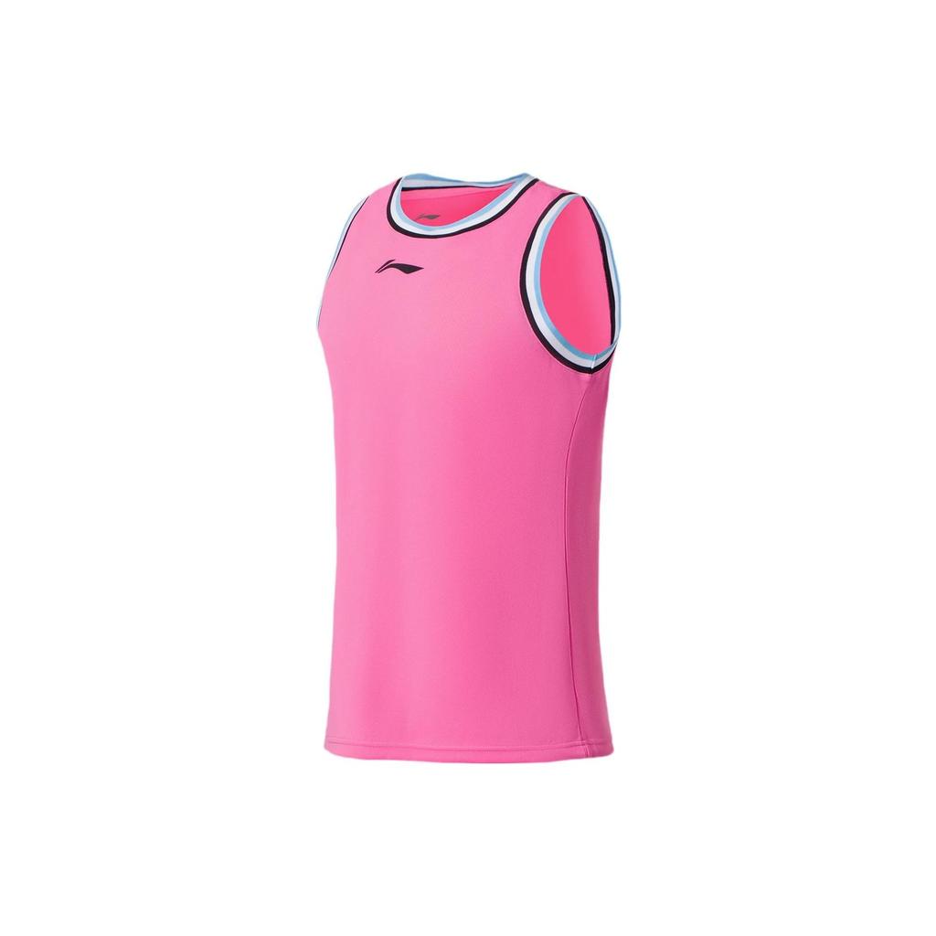 Li Ning Professional Basketball Series Logo Print Striped Round Neck Basketball Vest And Shorts Set Men Sportswear Dujian-Pink AATS003-13