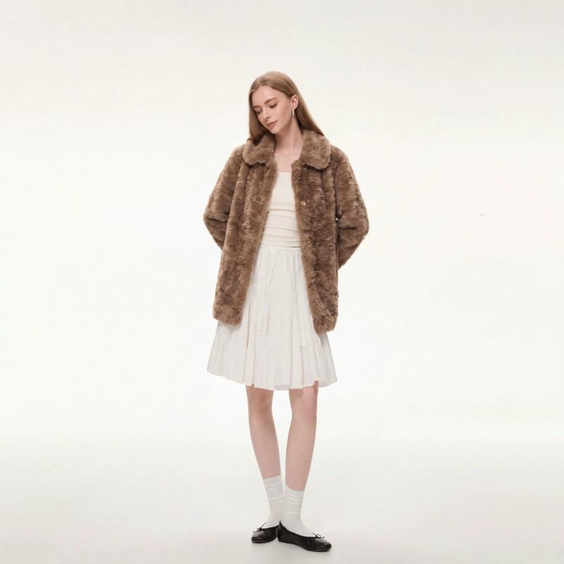 Faux Fur Coat Women Loose Fit Turn Down Collar Mid Length Winter Petite Friendly Warm Outerwear