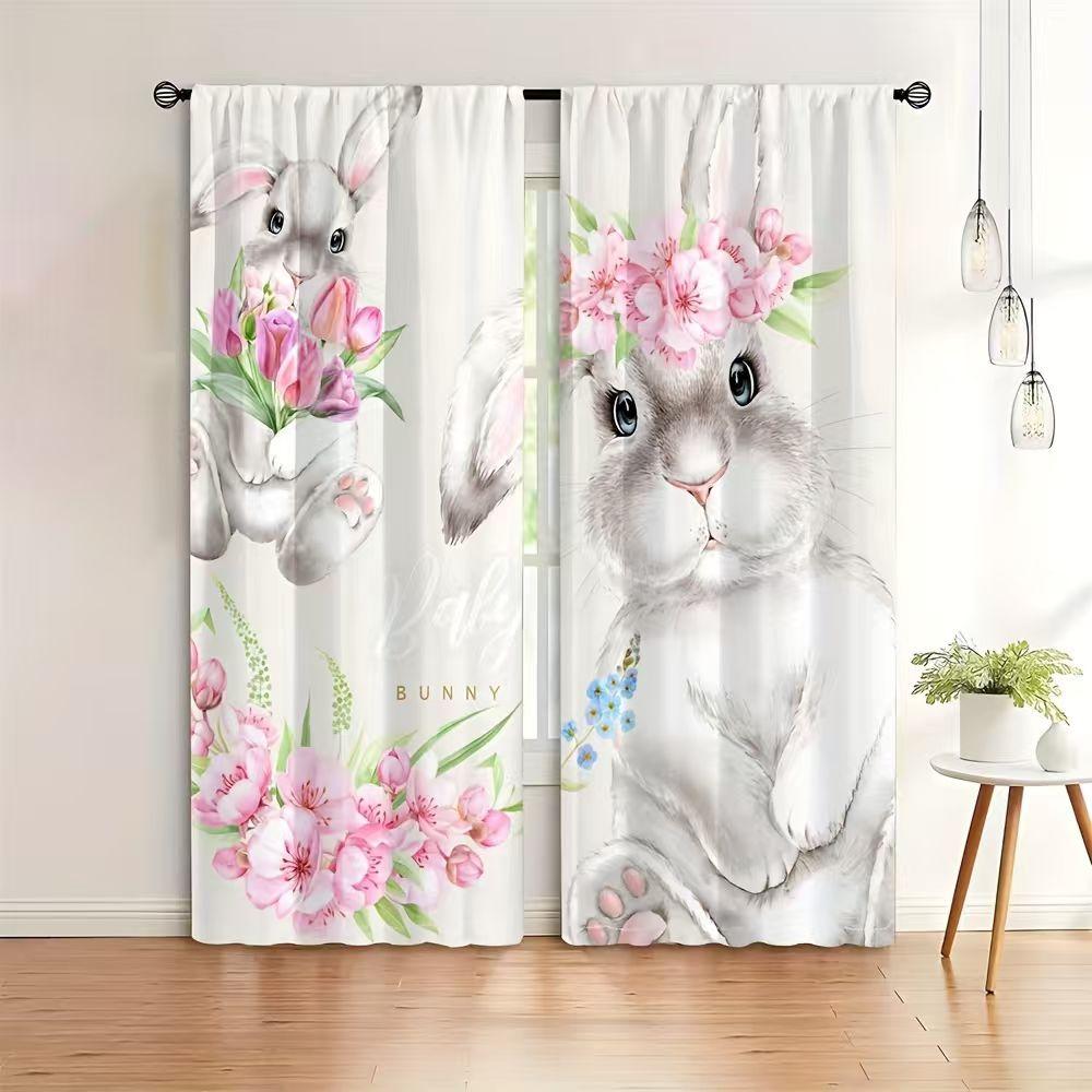 2 шт. Шторы с цветочным кроликом, светофильтрующие, с кулиской, пасхальный оконный декор, домашний декор 24Wx59L(60x150CM)X2&Rod Pocket