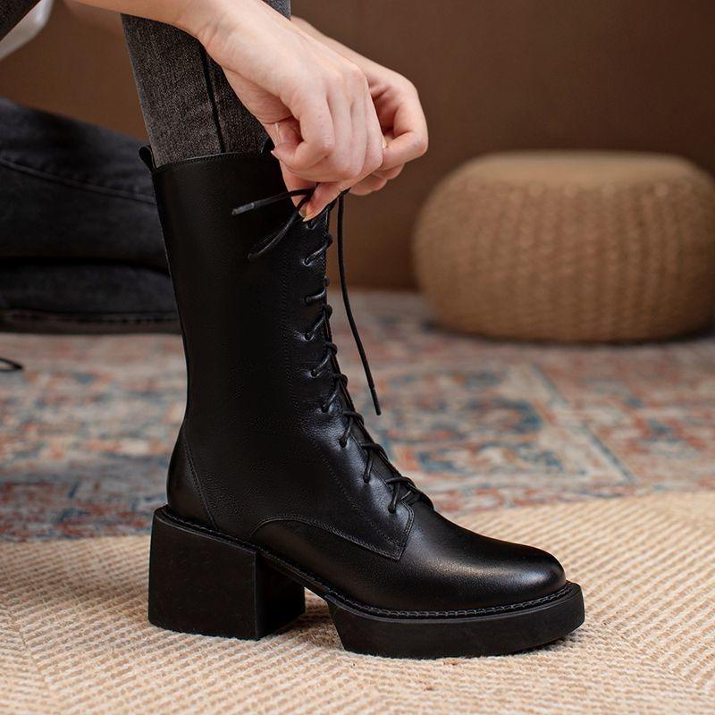 

Fashion With Laces Mid Calf Shoes Woman Lace-up Black Half High Boots for Women Middle Heel Platform Round Toe Y2k Spring Autumn Work Pu 35