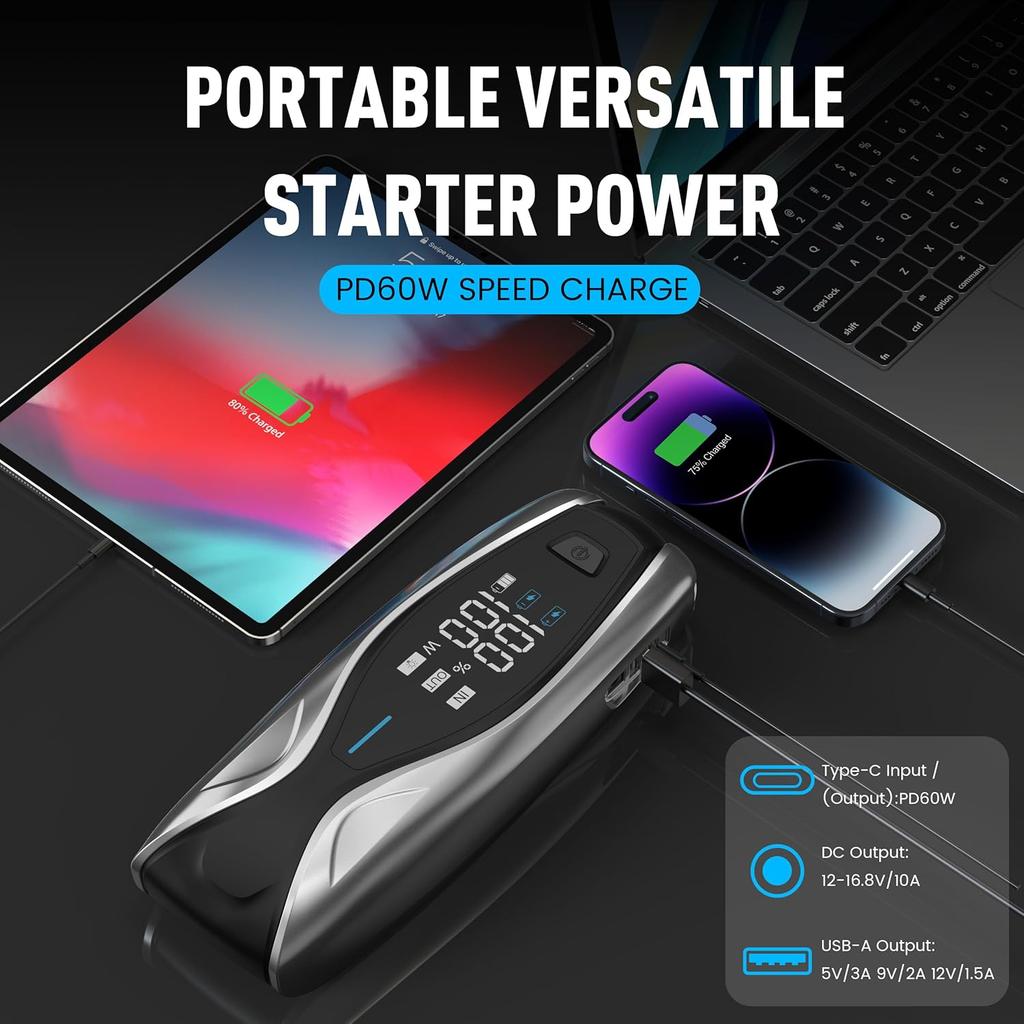 X7 3000A Car Jump Starter + 18W USB-C Charger, 12V Battery Booster for 12L Gas & 10L Diesel Engines