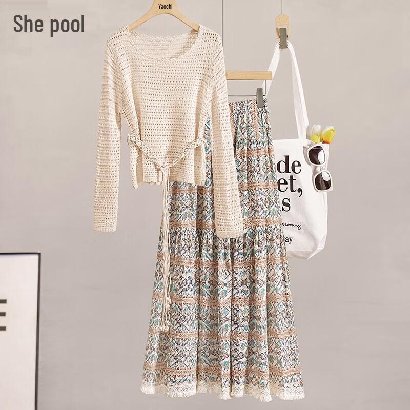 

Women s Resort Hollow Knit Top & Floral Skirt Set XL