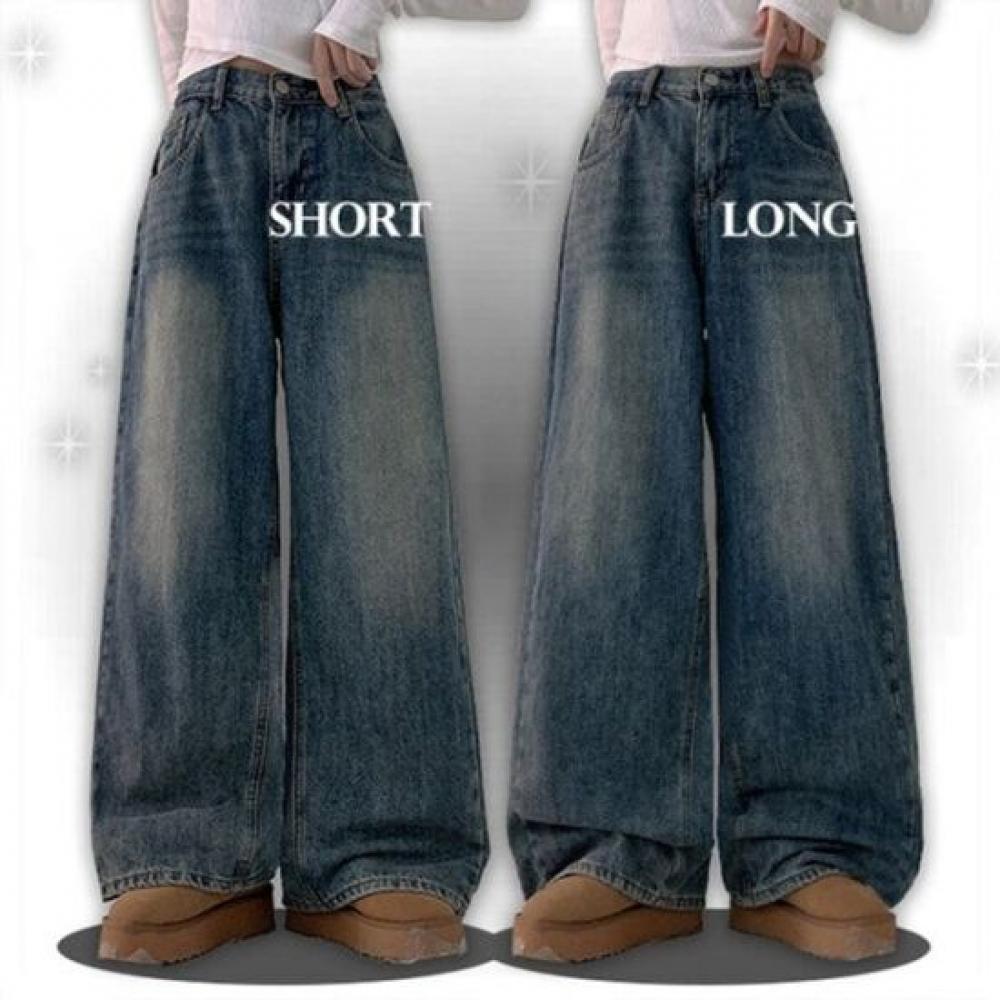 The Pink Lugy Fleece Side Pintuck Cat Wash Wide Denim Pants