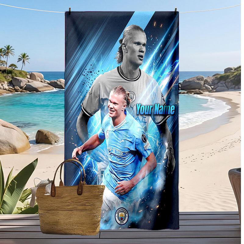Erling Haaland Personalized Printed Beach Towel Soccer Logo Support Custom Name Text Absorbent Towel For Sport Travel Special Gift