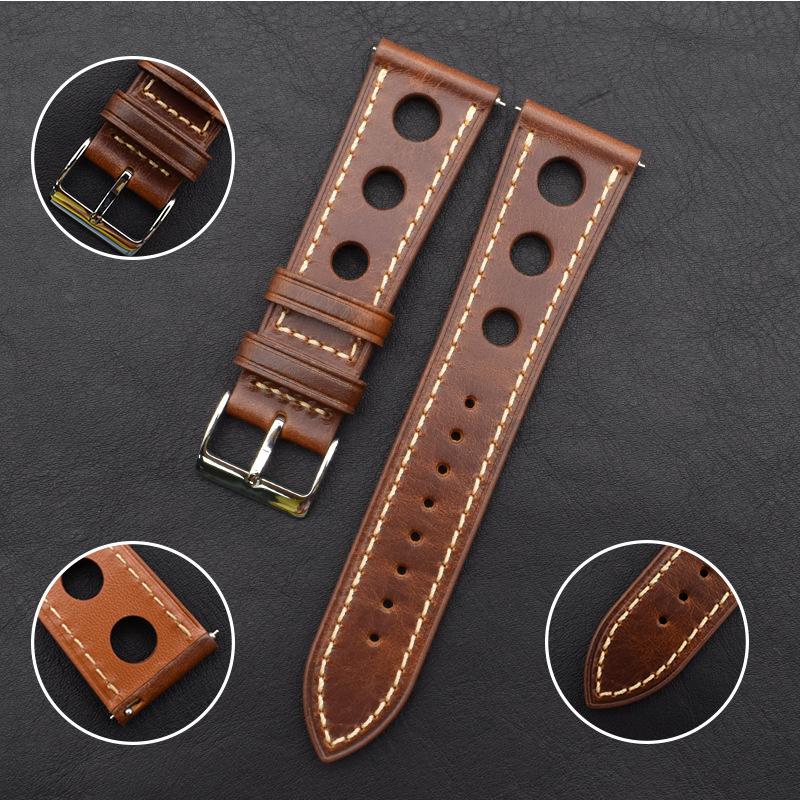 High Quality Oil Wax Cowhide Watchbands 22mm 24mm Genuine Leather Watch Band Strap Belt Ventilated Design Men's Ultra-Thin Brace