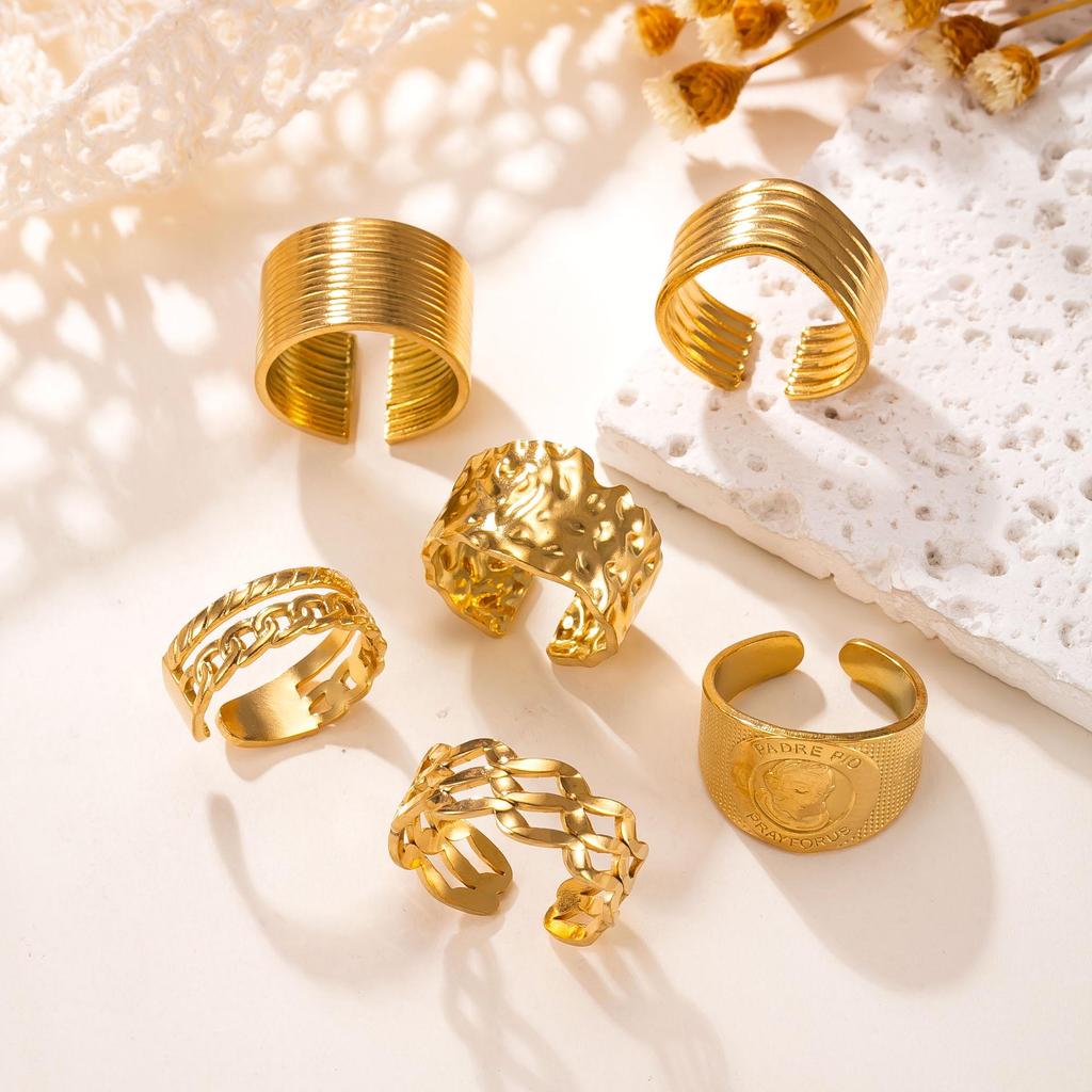 18K Gold-Plated Stainless Steel Open Ring with Wide Surface Lines