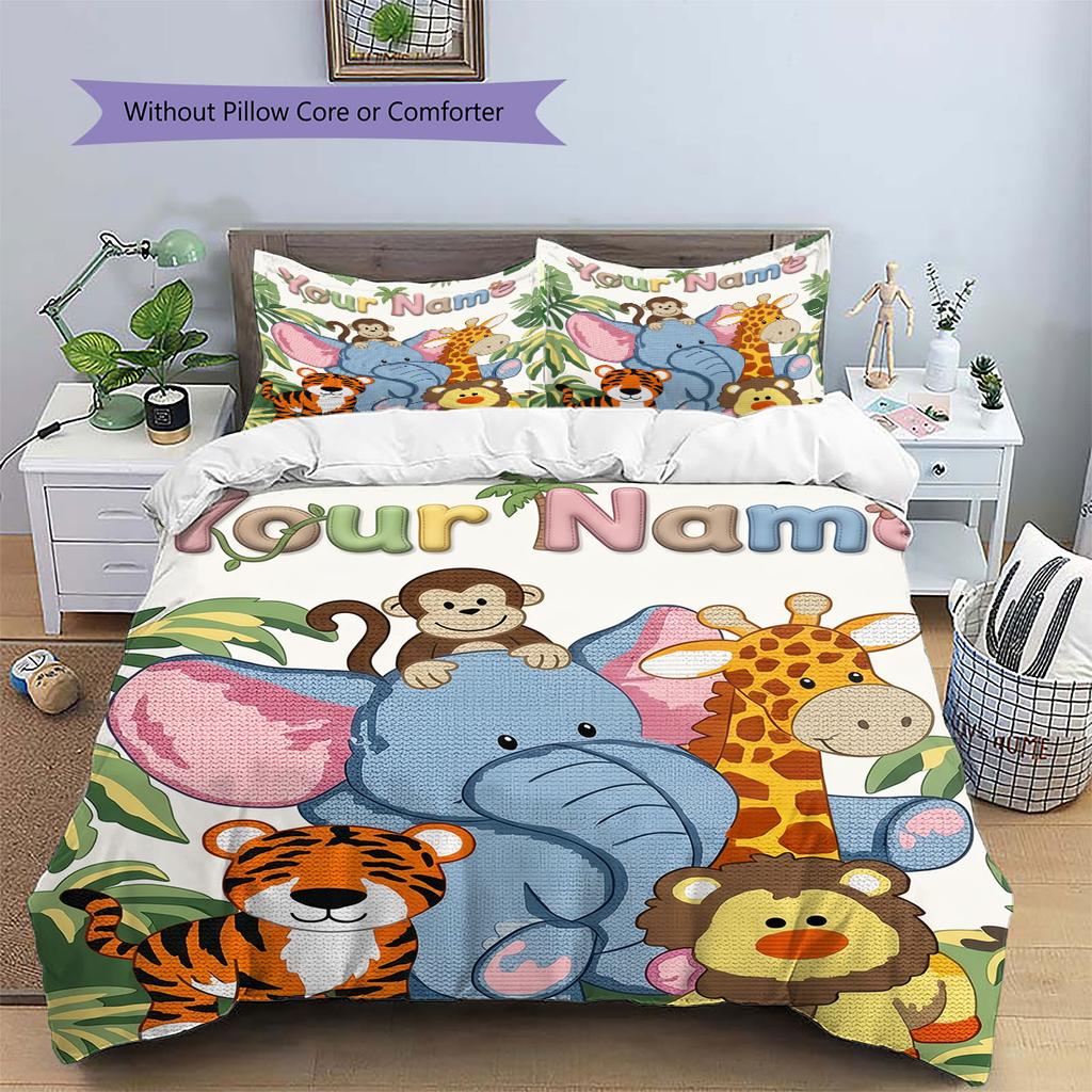 Custom Name,Cute Safari Animal Series Pattern Bedding Home Decoration Birthday Gift ( 1 Duvet Cover + 2 Pillowcase, Without Core),fan Merchandise.
