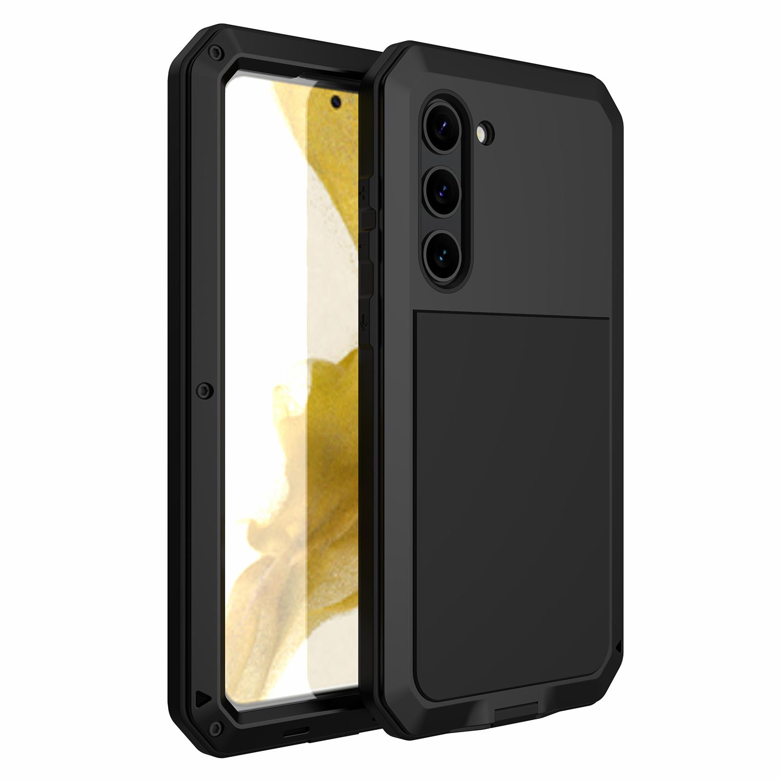 

For Samsung Galaxy S23 Silicone+Metal Anti-drop Phone Case Anti-scratch Phone Cover with Tempered Glass Film Black