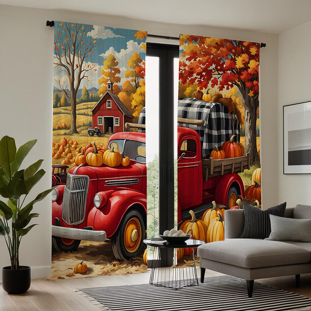 2pcs HD Harvest Festival Country Cottage Pumpkin truck decorative curtain under maple tree Yellow Tie digital printed curtain