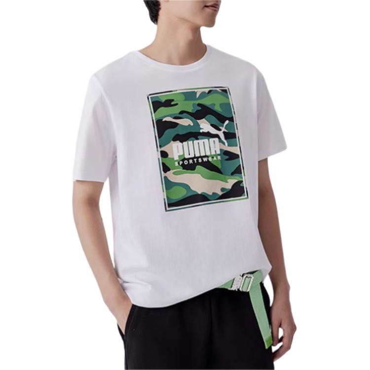 Puma BOX LOGO T Shirts Men's White Crew Neck Moderate Straight Fit 683438-02