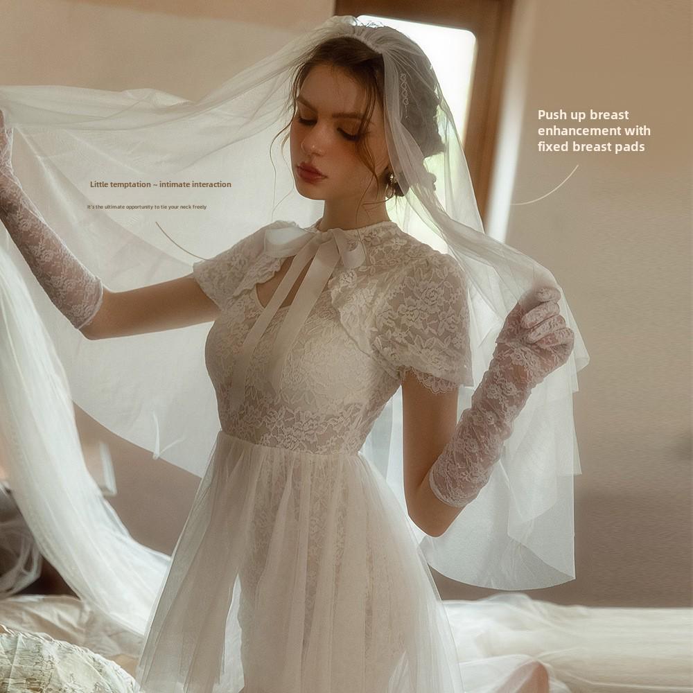 Camisola de Noiva Retro de Seda: Traje de Role Play de Casamento com Malha de Camada Dupla