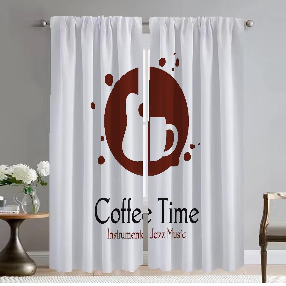 

Modern Curtain Room Panel Coffee Time Living Curtains Tulle Bedroom Home Interior Shades Camera Darkening Polyester Ideal For Sitting W100*H130(CM)-Hooks&2PCS