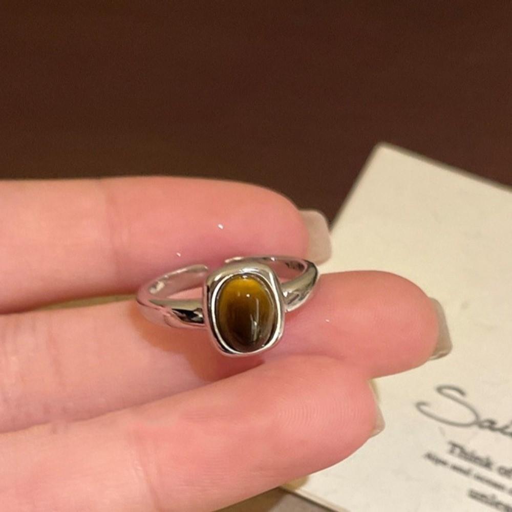Silver Opening Ring Round Oval Finger Ring Aesthetic Stone Eye Ring Gift