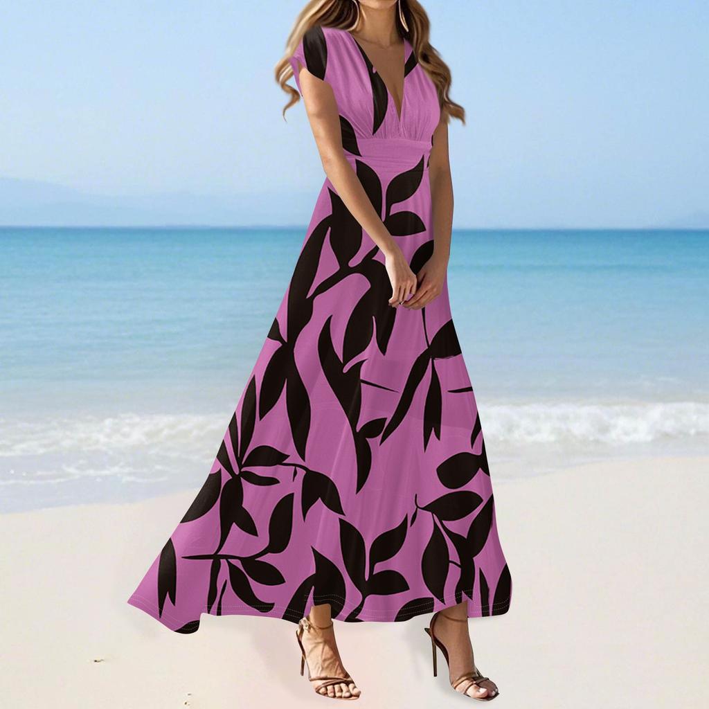 Maxi Abito Da Donna Vita Alta Scollo A V Profondo Abiti Stampati Abito Estivo Svasato Da Spiaggia Abiti Estivi Retrò