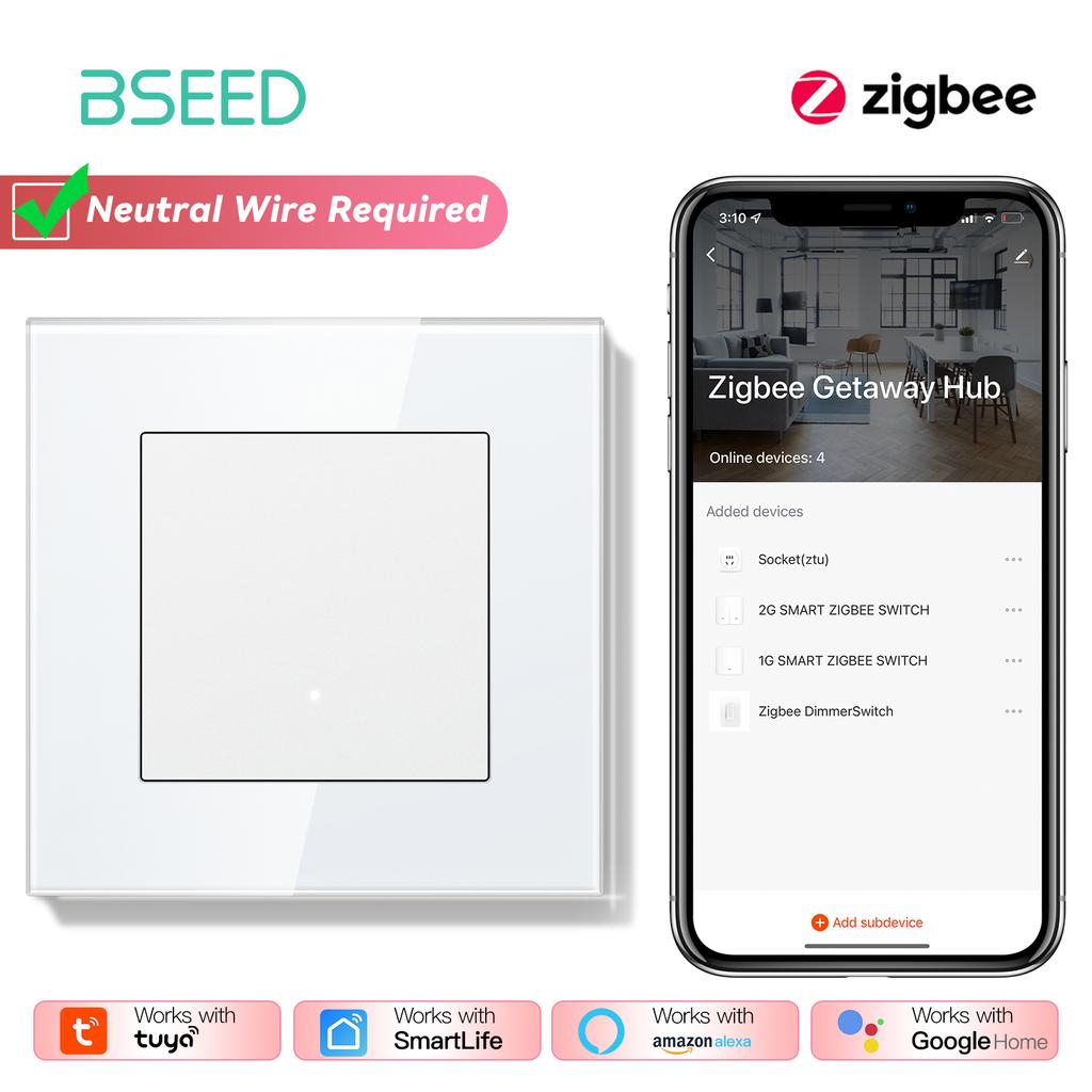 BSEED ZigBee Click Switches Series Wall Smart Click Light Switches Yellow Backlight Glass Frame Tuya APP Switch EU Standard