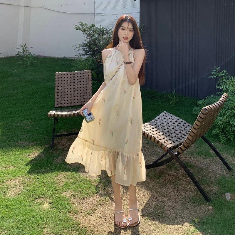 French temperament off-the-shoulder neck floral dress women's summer sweet and gentle wind loose and thin beach medium and long dress