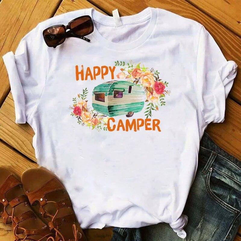 Fashion Women T Plus Size Happy Camper Floral Flower Road Trip Graphic Tee Shirt Femme Top Tshirt Female Ladies Clothes T-shirt Unisex