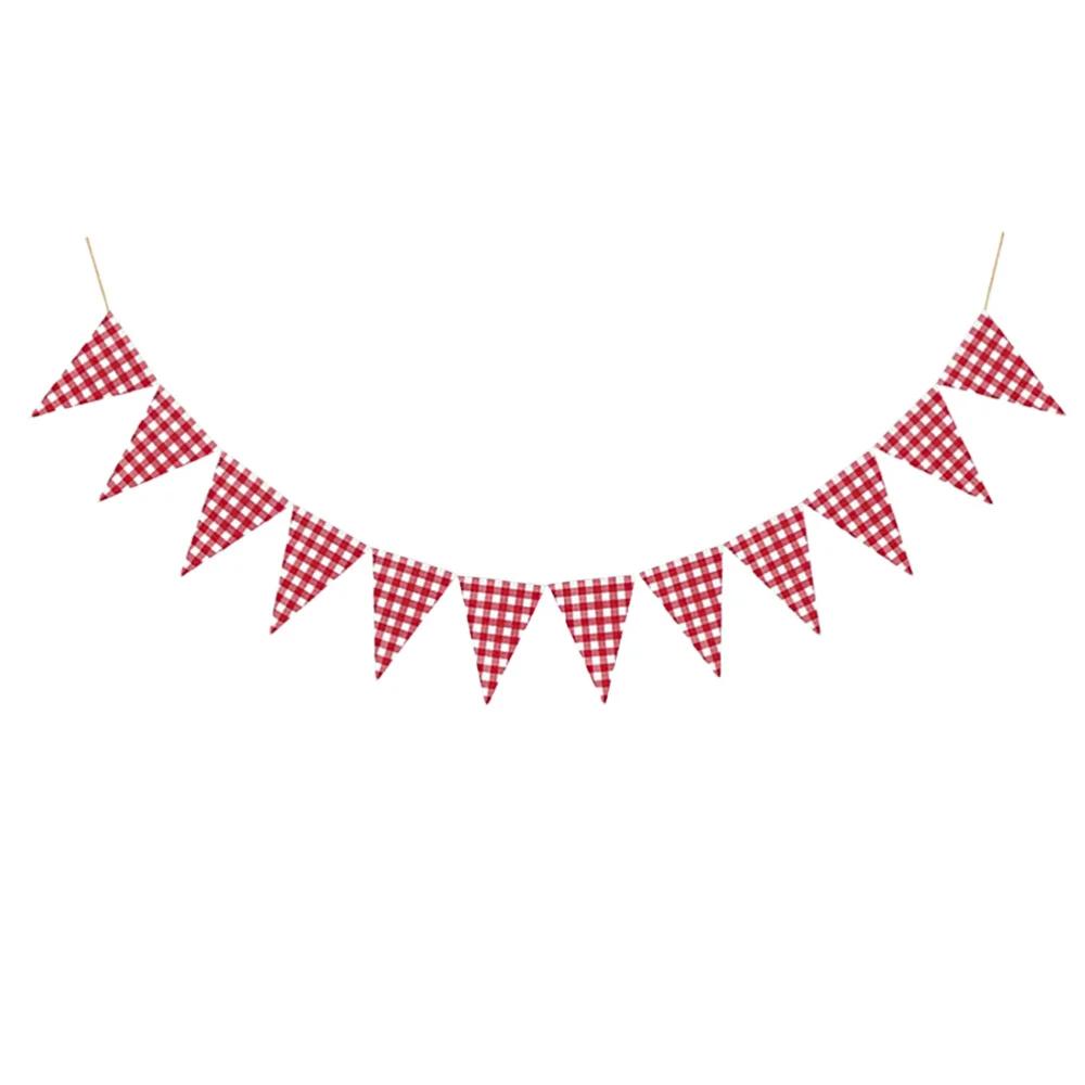 Red White Fabric Plaid Checkered Triangle Flag Pennant Garland Wedding Birthday Carnival Picnic Outdoor Party Bunting Decoration