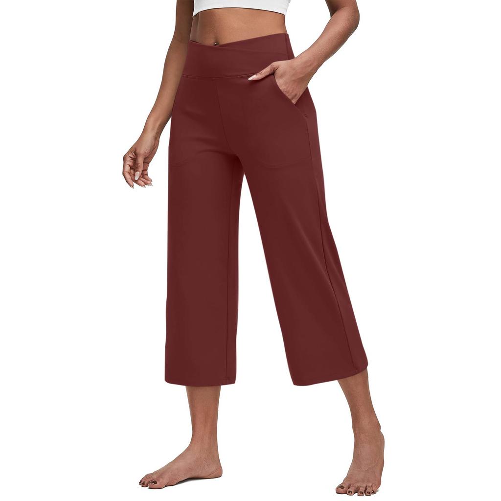 Women Elastic High Waist Casual Fit Wide Capris Leg Pants Yoga Leggings Soft Gym With Pockets