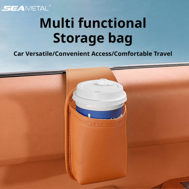 SEAMETAL Car Door Cup Holder Box Drink Rack Storage Bin Car Door Storage Pocket Leather Texture Soft Lining Phone Key Organizer Adhesive Mount