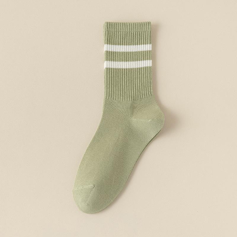 Pure Cotton Socks for Women In Autumn and Winter, Mid-calf Sweat-absorbing and Odor-proof Double-bar Striped Sports Long Calf Cotton Socks
