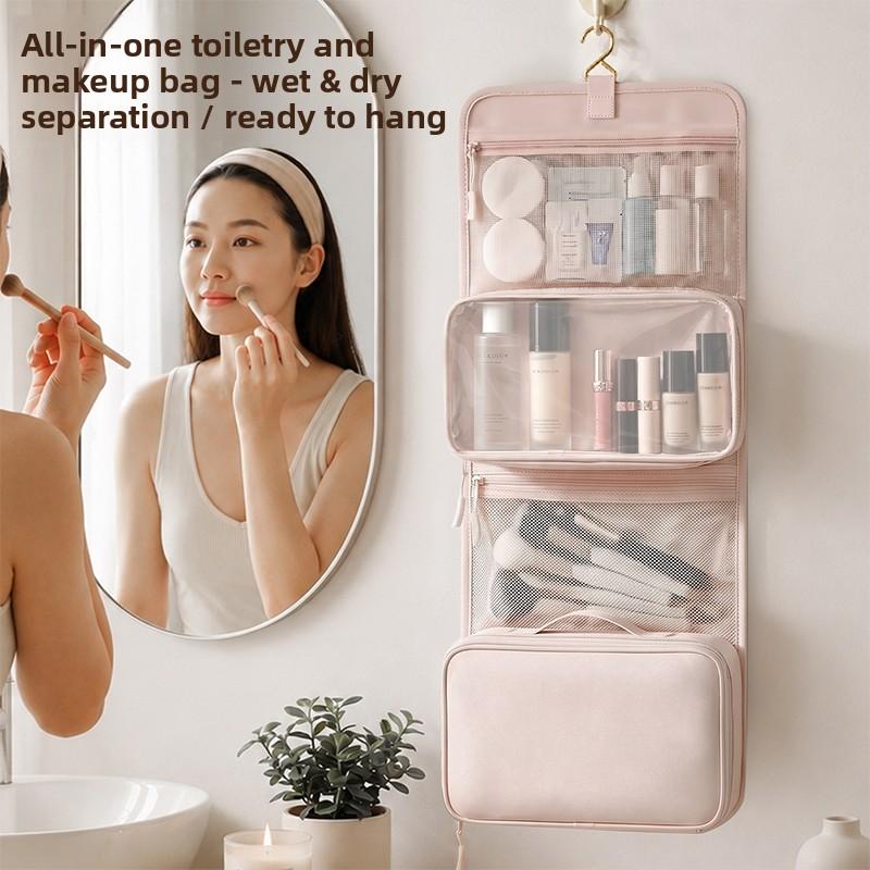 Large Capacity Hanging Toiletry Bag for Women, Waterproof Travel Cosmetic Organizer with Dry Wet Separation Folding Wash Pouch