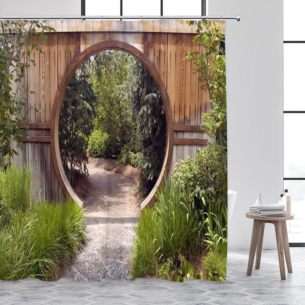 Rustic Fence Flowers Shower Curtains Pink Rose Floral Plant Garden Scenery Wall Hanging Fabric Bathroom Curtain Decor With Hooks