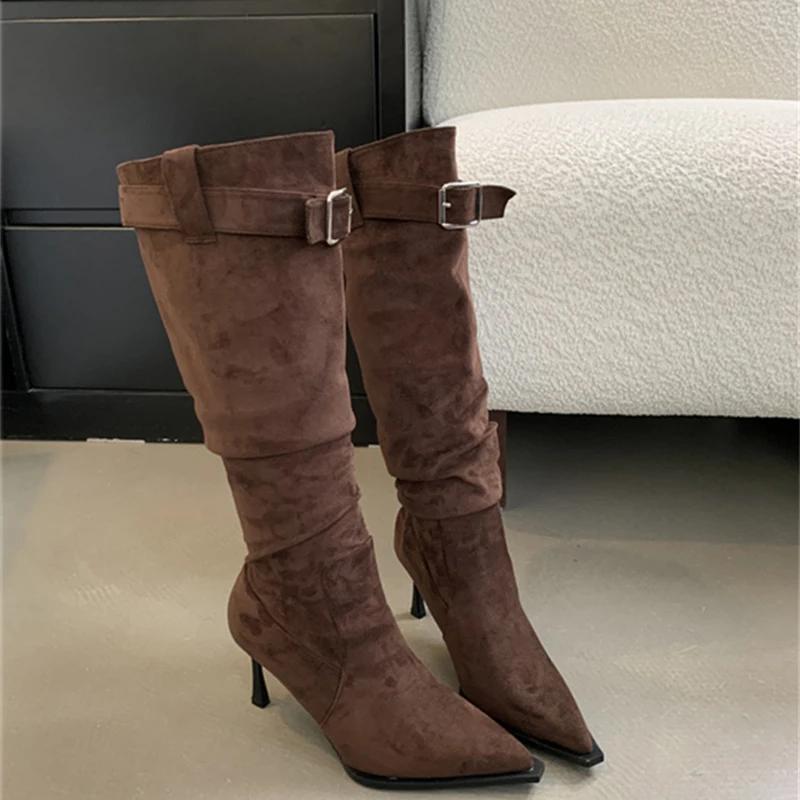 High Heel Women Knee High Boots Fashion Pointed Toe Slip On Shoes Dancing Party Dress Long Botas De Mujer