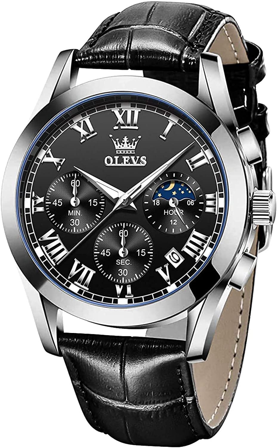 

Мужские водонепроницаемые аналоговые кварцевые часы OLEVS с индикацией даты и дня недели, легкие, коричневые, идеальный подарок на День отца (Черное серебро)