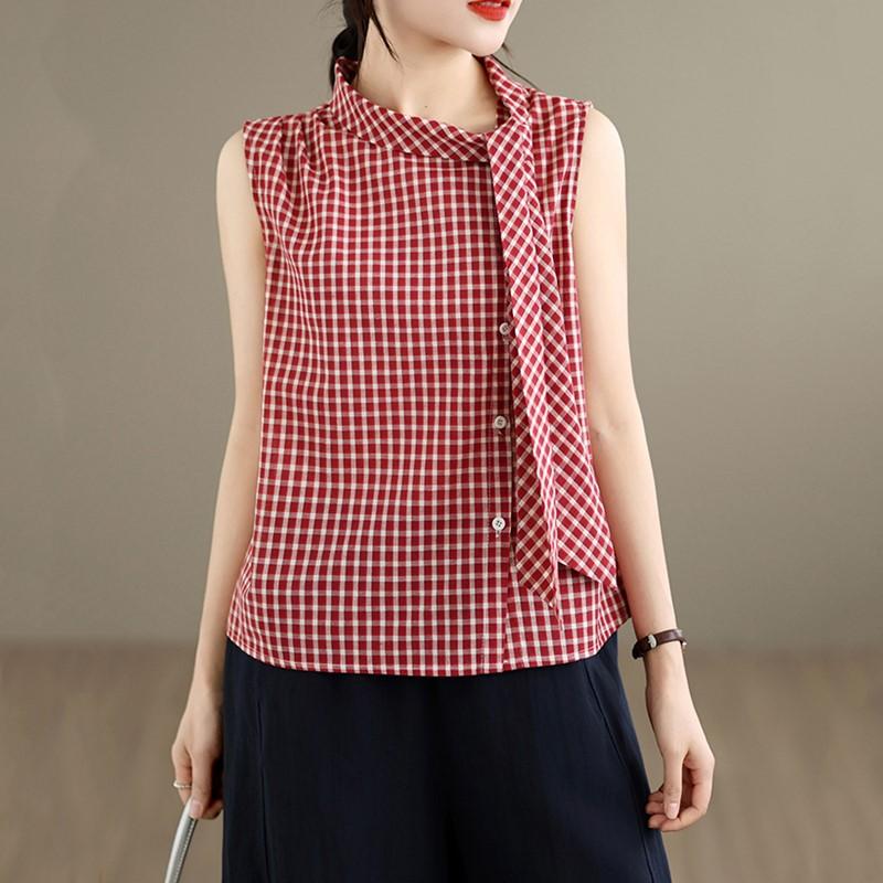 

sleeveless oversized Cotton vintage plaid blouse Casual loose summer tank tops women button up shirt XXL червоний