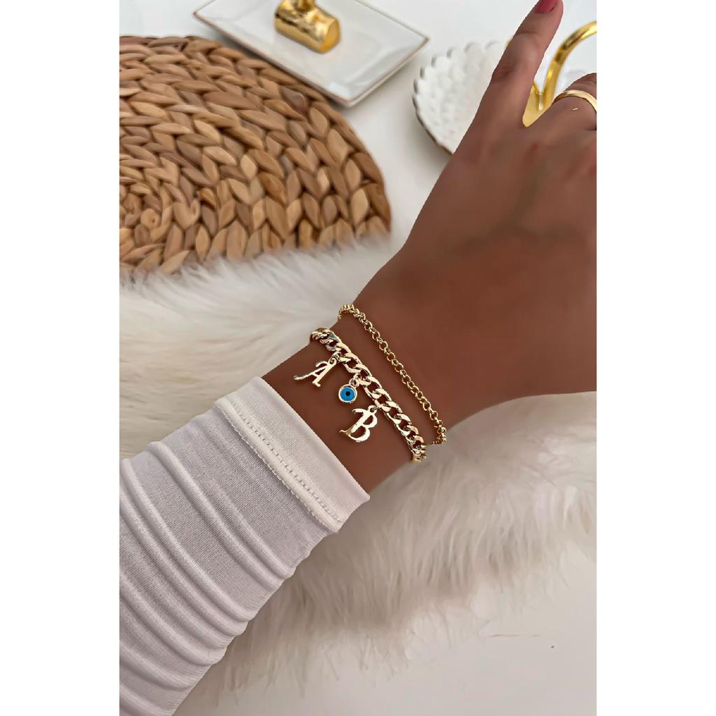 Gold Color Letters Selectable Evil Eye Detailed Chain Bracelet Combination 16