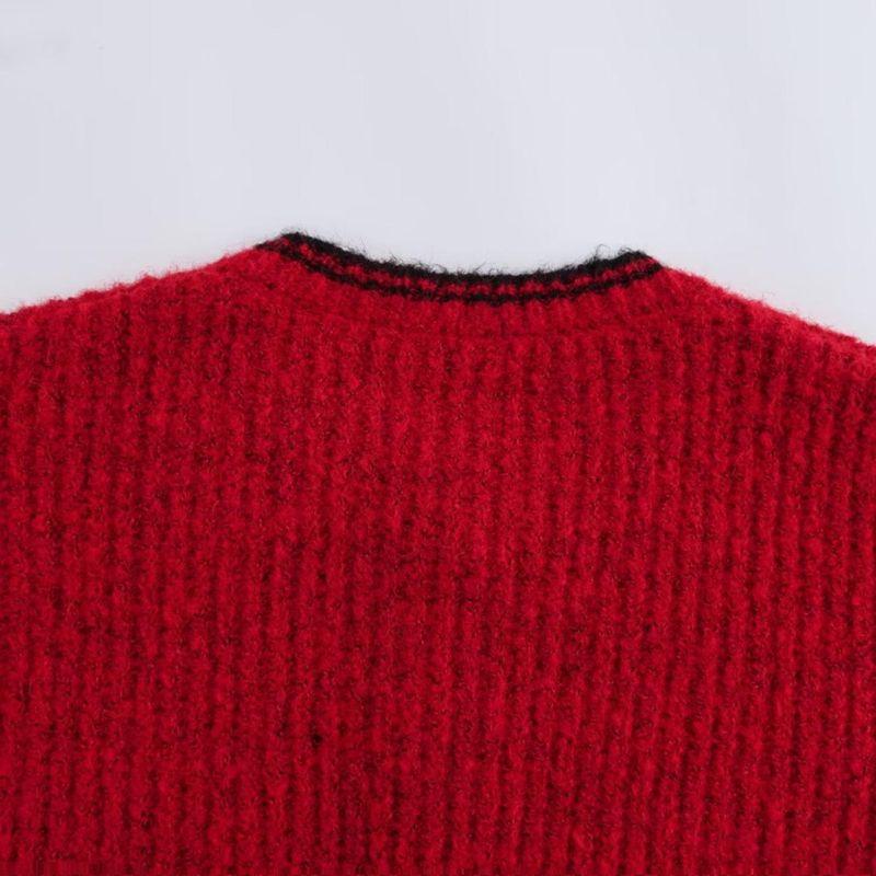 Kaslead New Arrival Women's Clothing Fashion Style Minimalist Retro Color-Block Crew Neck Knitting Cardigan Outerwear Top