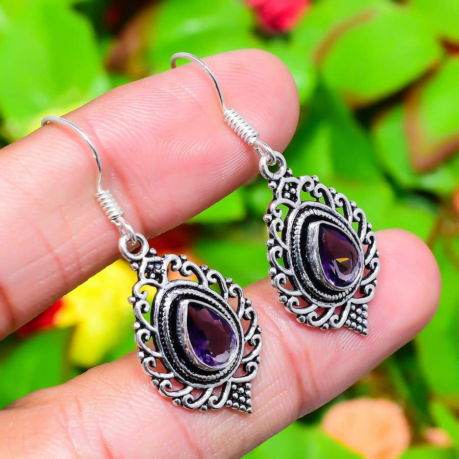 Natural Amethyst Gemstone Handmade 925 Sterling Silver Earring 1.62" y3A18