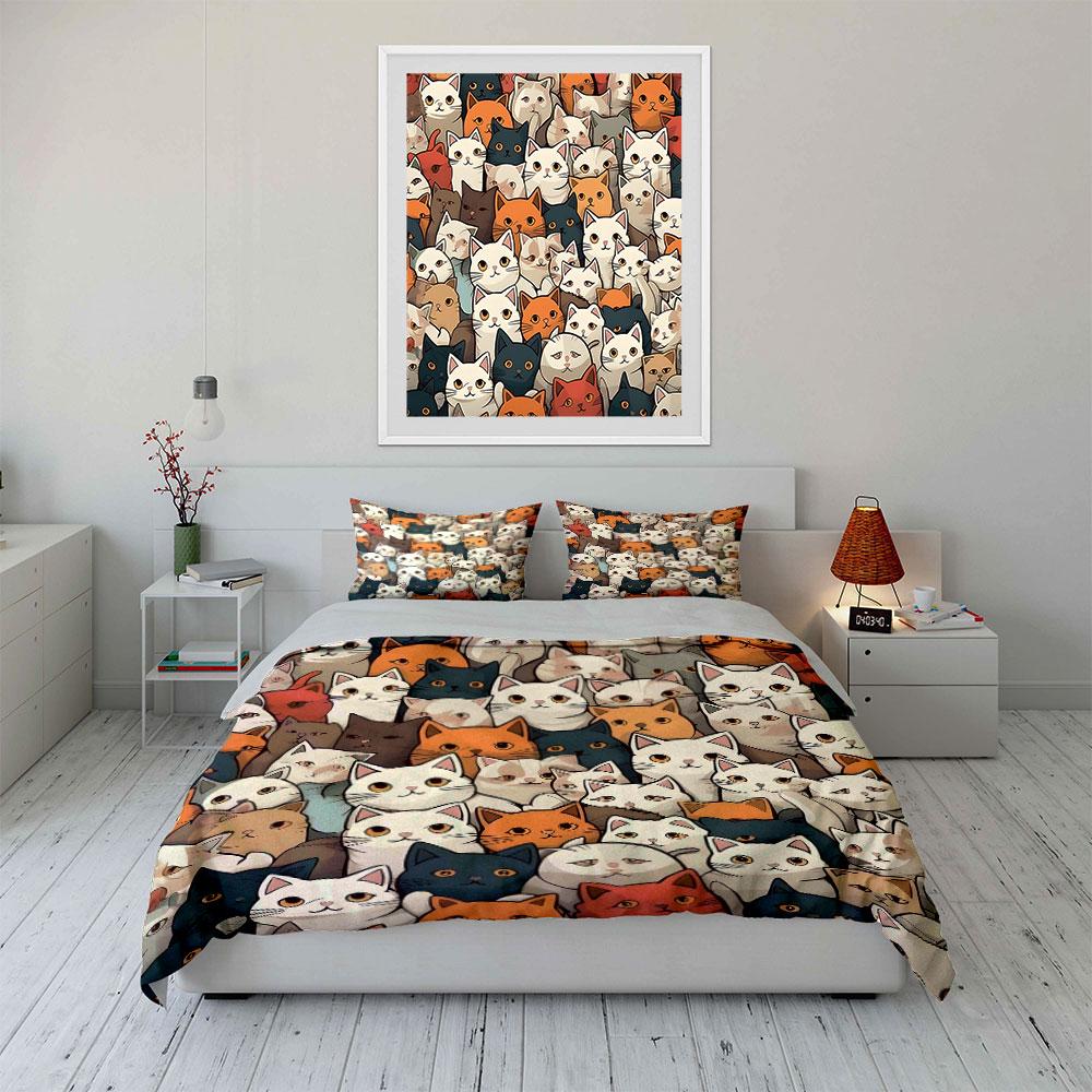 Adorable Colorful Cat Pattern Bedding Duvet Cover Set (1*Duvet Cover 2*Pillowcases, Without Duvet Insert)