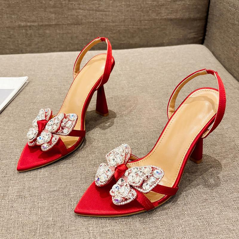 Fashion Liyke Size 35-41 Sexy Slingback Sandals Women Back Strap High Heels Summer Fashion Crystal Diamond Pointed Toe Wedding Prom Shoe