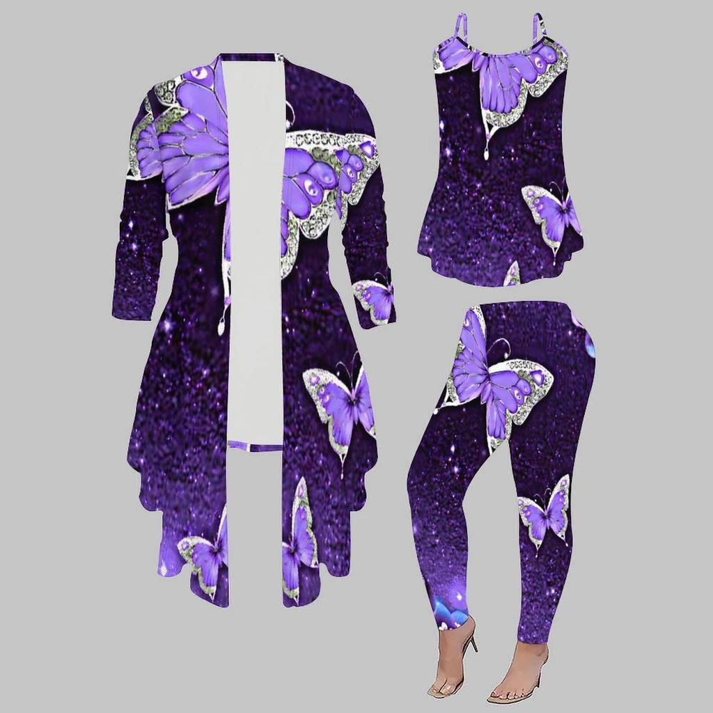 Plus Size Floral Print 3 Piece Outfit, Long Sleeve Open Front Cardigan Cami Top Leggings Set for Women