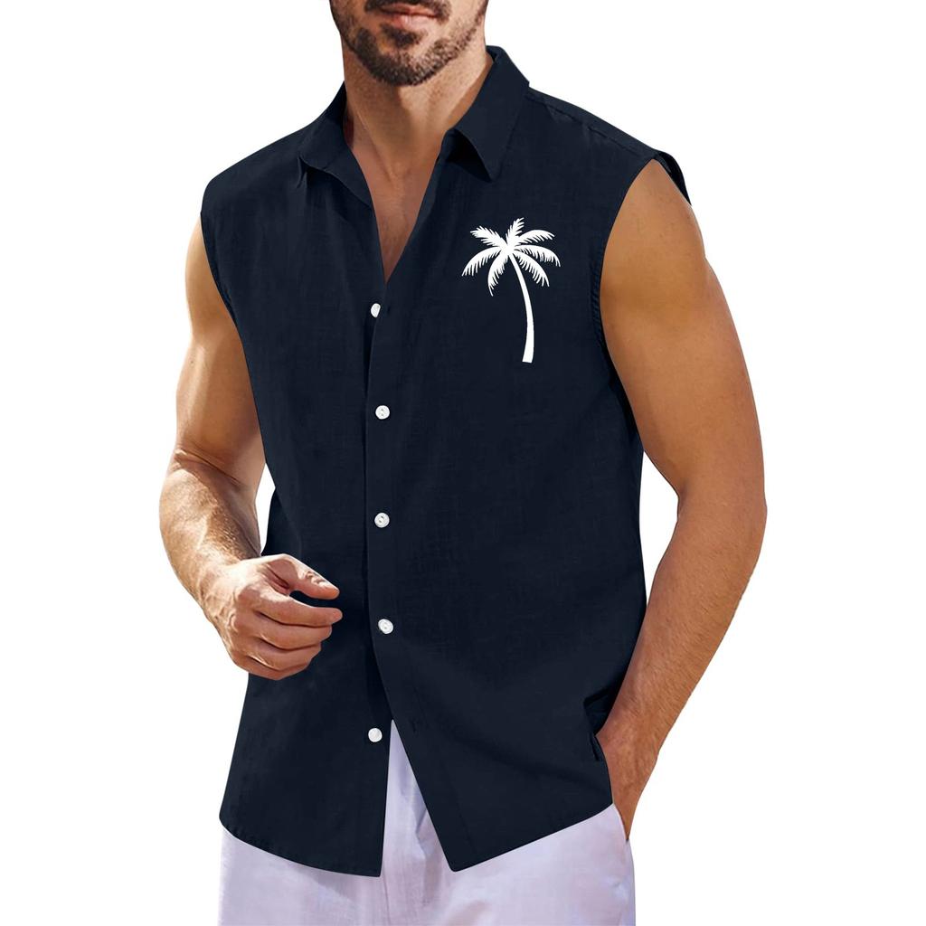 Men's Summer Hawaiian Print Sleeveless Shirt Men's Loose Lapel Sleeveless Button Shirt