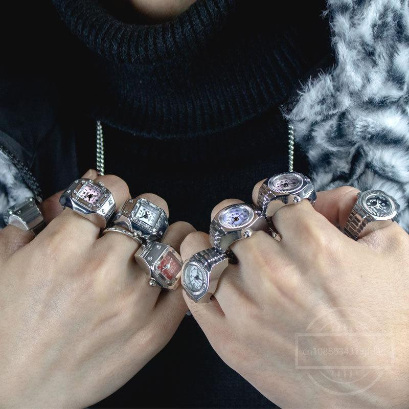 Fashion Mini Quartz Watch Clock Finger Rings for Men Women Elastic Strap Punk Gothic Couple Roman Ring Jewelry Gift
