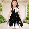 Girls Round Neck Sleeveless Black White Printed A Line Flared Hem Dress