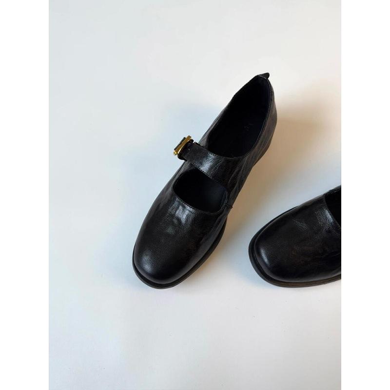 Sheepskin Version~ Retro Commuter Mary Jane Shoes Women's Round Head Thick Heel Leather Single Shoes Versatile One-word Buckle Belt Small Leather Shoe