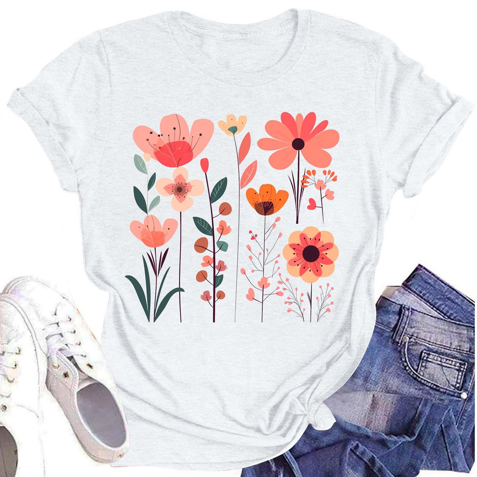 

Женская повседневная футболка с круглым вырезом и цветочным принтом, короткий рукав XL белый